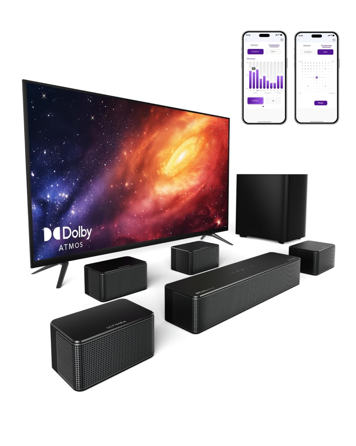 ULTIMEA 5.1ch Barra de Sonido TV con Dolby Atmos, Sistema de Sonido Envolvente para Home Cinema, Barra de Sonido con Subwoofer para TV, 340W, Bajos Ajustables, App, Bluetooth 5.4, Poseidon M60 Boom — view 11