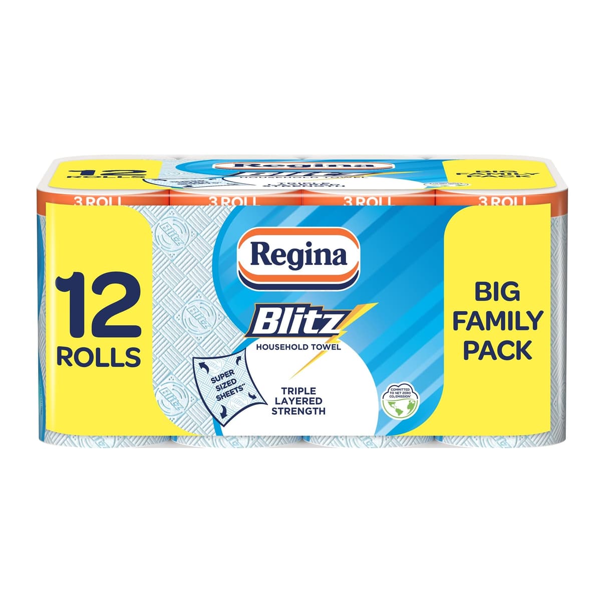 Regina Blitz Household Towels – 12 Triple Layered Rolls, 70 Sheets Per Roll, Recyclable-Paper Packaging, FSC Certified Paper, 60% Larger Than Standard Kitchen Roll Sheets Blitz 12 Rolls