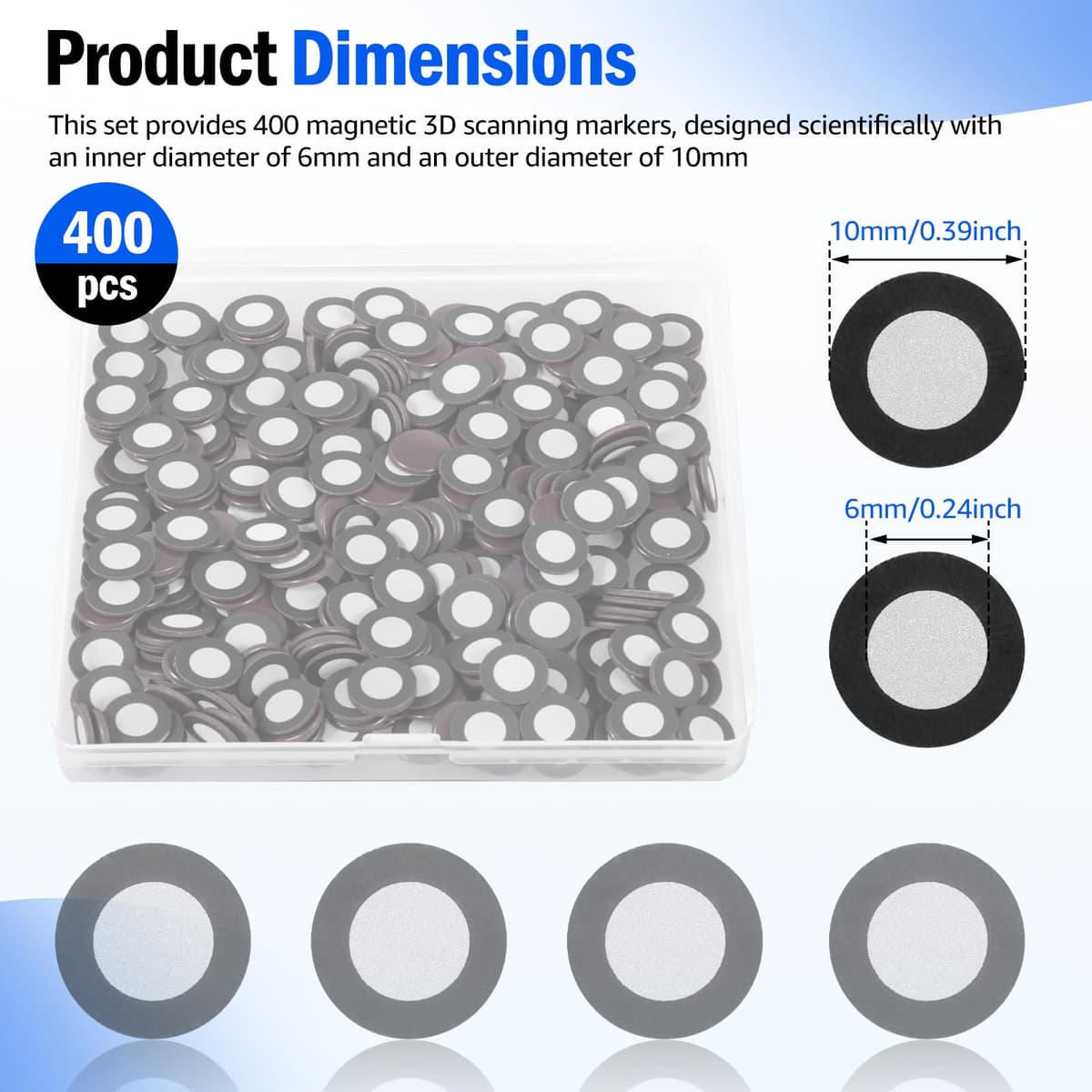 200/400 marcadores magnéticos para escáner 3D, escáner magnético 3D, interior de 6,0 mm, exterior 10 mm, punto de seguimiento, punto de referencia altamente reflectante, para escanear (negro, 400 — view 2