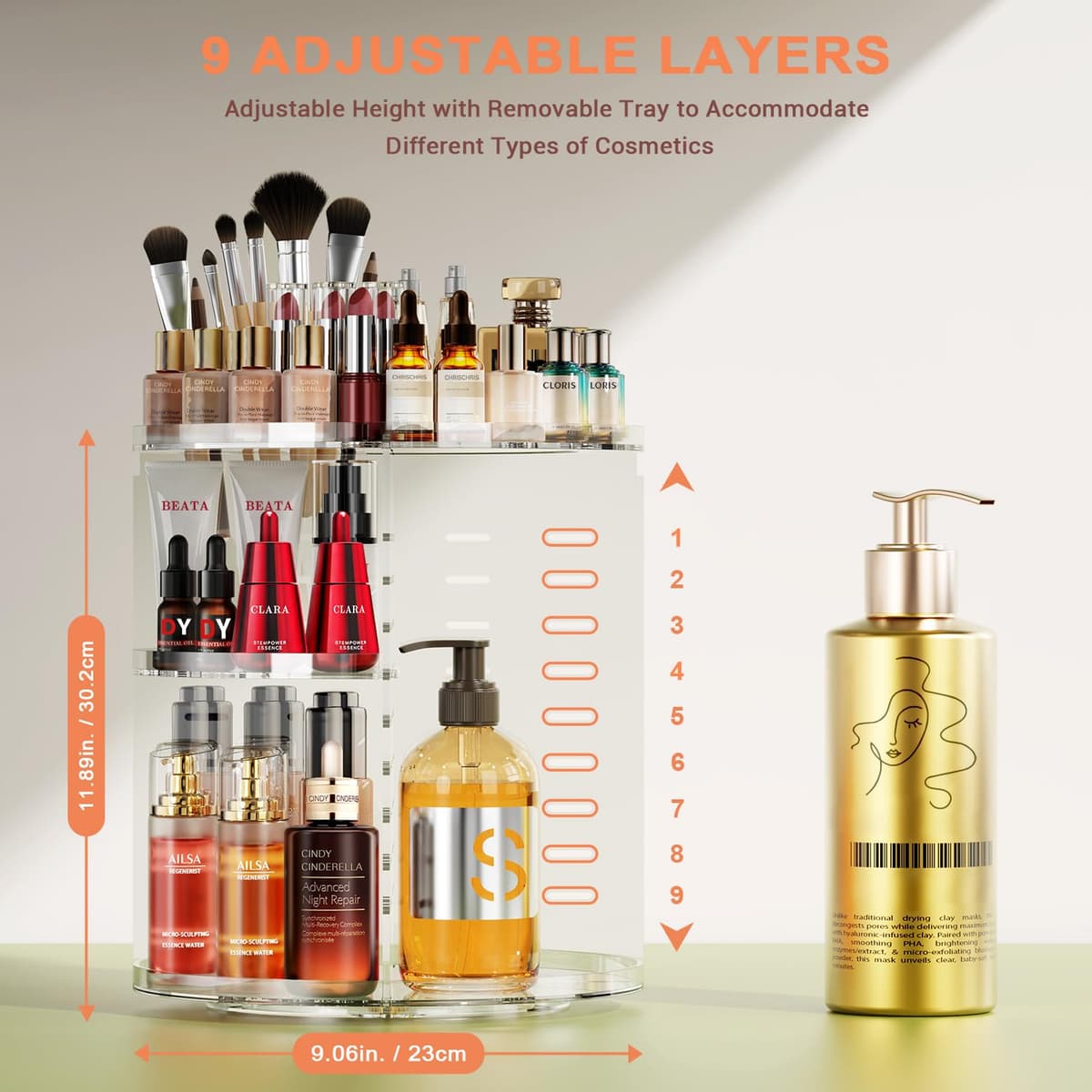 Auxmir Rotating Makeup Organiser, 9-Tier Adjustable Makeup Organiser with 360 Degree Rotation, Large Capacity Spinning Makeup Storage on Stand Revolving for Vanity Table, Bedroom, Bathroom — view 3