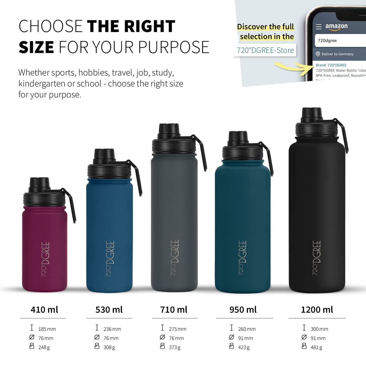 720°DGREE Botella Agua Termo Acero Inoxidable “noLimit“ – 410ml, 530ml, 710ml, 950ml, 1200ml - Sin BPA Free, Antigoteo y Prueba de Fugas - Frasco térmico, Cantimplora Aislada +Cubierta Deportes Gratis — view 3