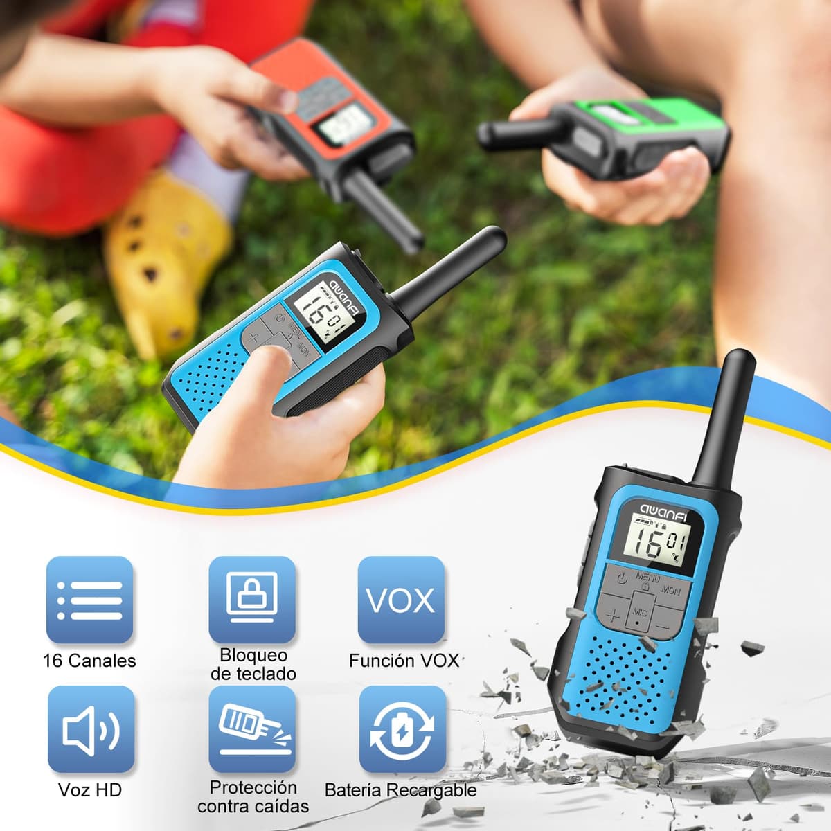 AWANFI Walkie Talkie Recargable con 1200mAh Batería, Walkie Talkie para Niños Adultos, 3 Piezas Walkie-Talkies, 16 Canales VOX, Walky Walky para Aventuras Camping Senderismo — view 4