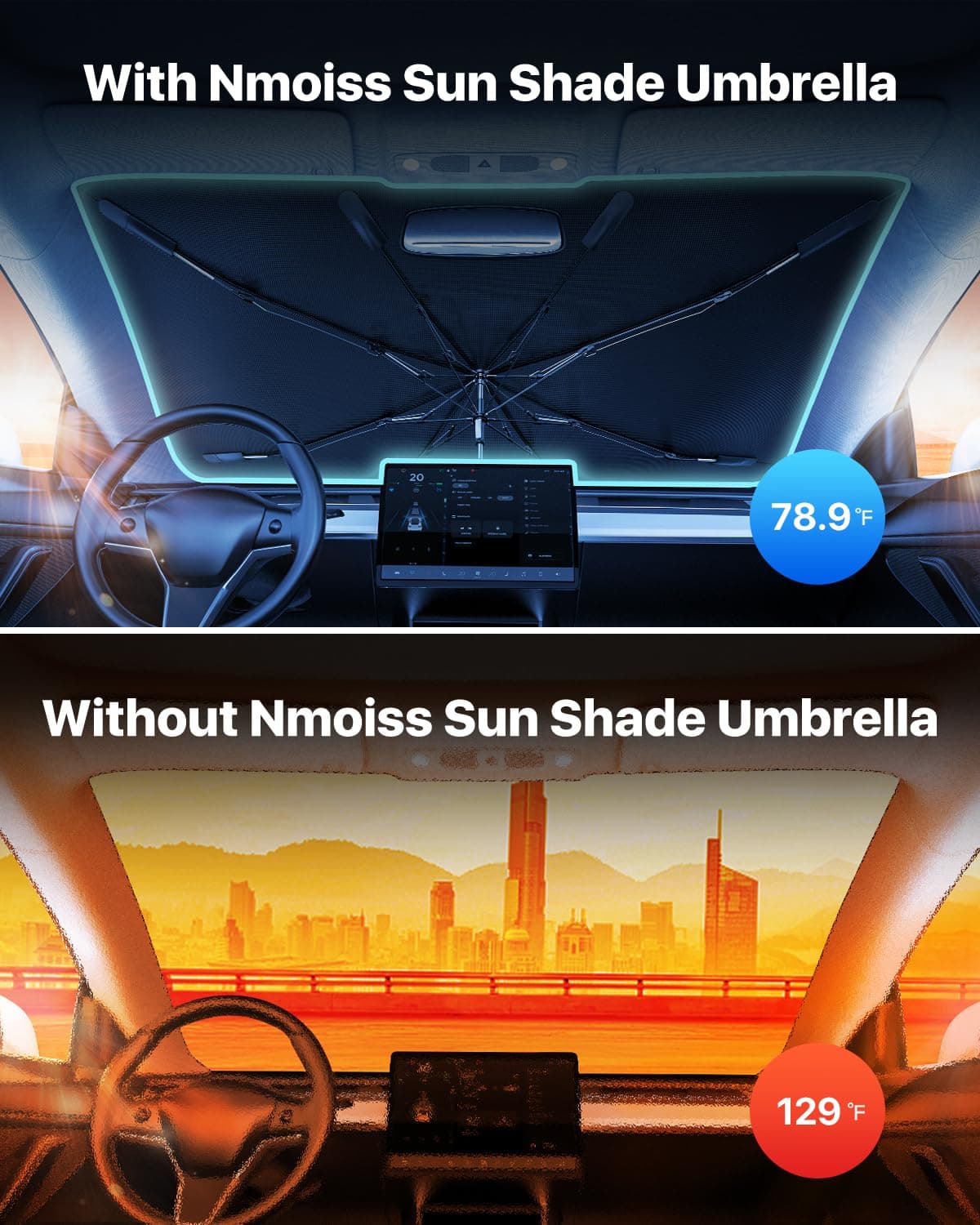 [Upgraded] Nmoiss Windshield Sun Shade Umbrella - [Vinyl Coating Heat Shield] Protect Car from Sun Rays & Heat Damage Keep Cool and Protect Interior, Spring Structure Edge Medium 56" L x 31" W — view 2