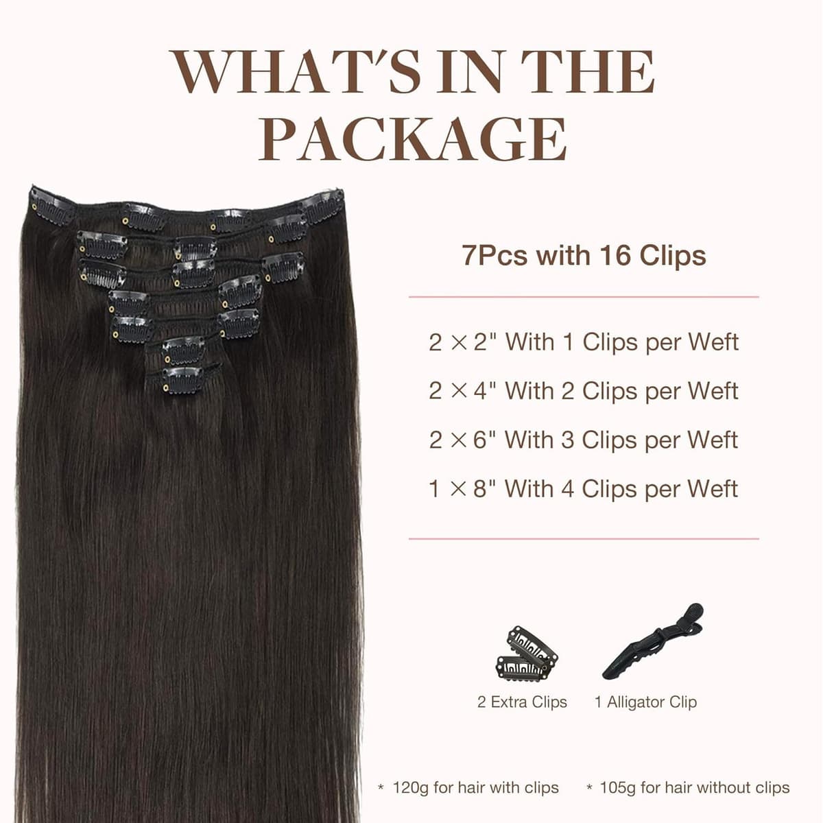GOO GOO Clip in Hair Extensions Real Human Hair, Remy Human Hair Extensions Clip ins for Women, Natural Human Hair, 20inch 120g 7Pcs, 2 Dark Brown — view 2