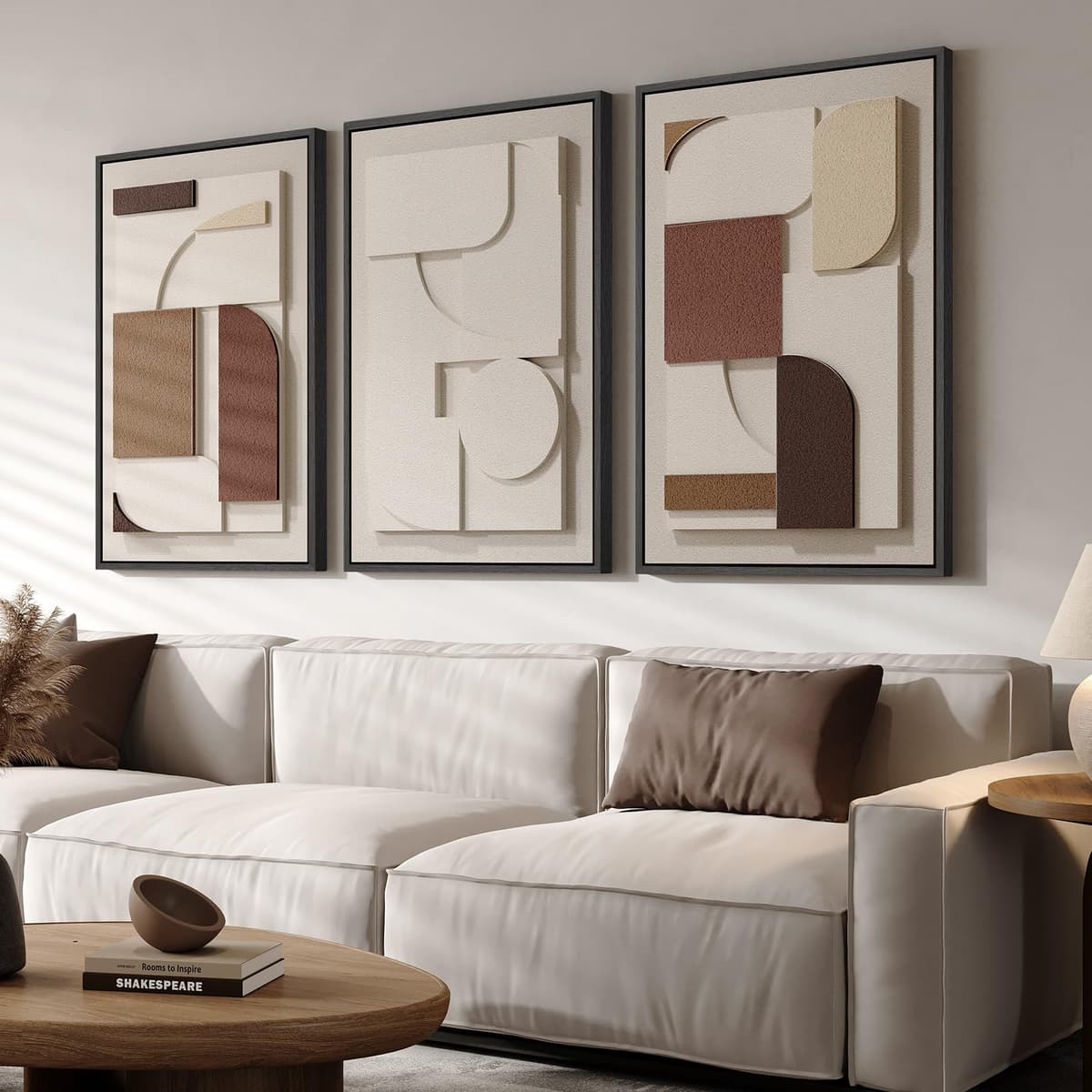Large 3D Textured Framed Abstract Wall Art for Living Room, 3 Piece Modern Paintings Artwork for Walls, Black White Brown Geometric Sandstone Texture Pictures for Hallway Office Home Decor 24x36 In — view 29