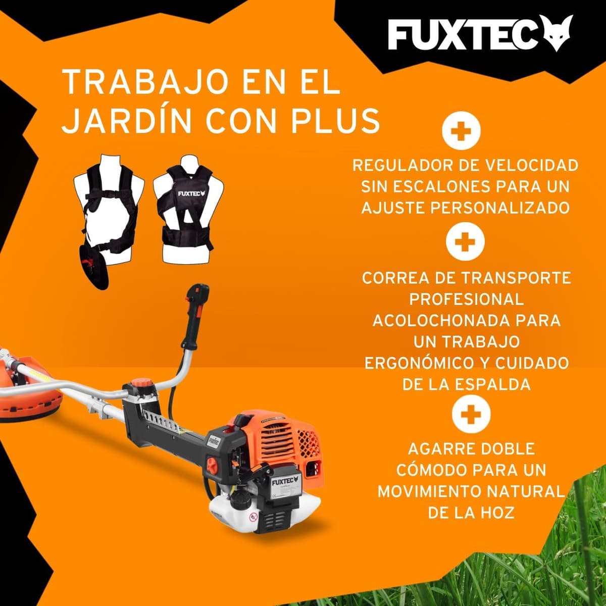 FUXTEC Desbrozadora profesional de gasolina de 62 cc, 3,5 CV, Multiherramienta 2en1, con correa para el hombro, sistema antivibratorio recortadora multifunción Motor 2 tiempos — view 4