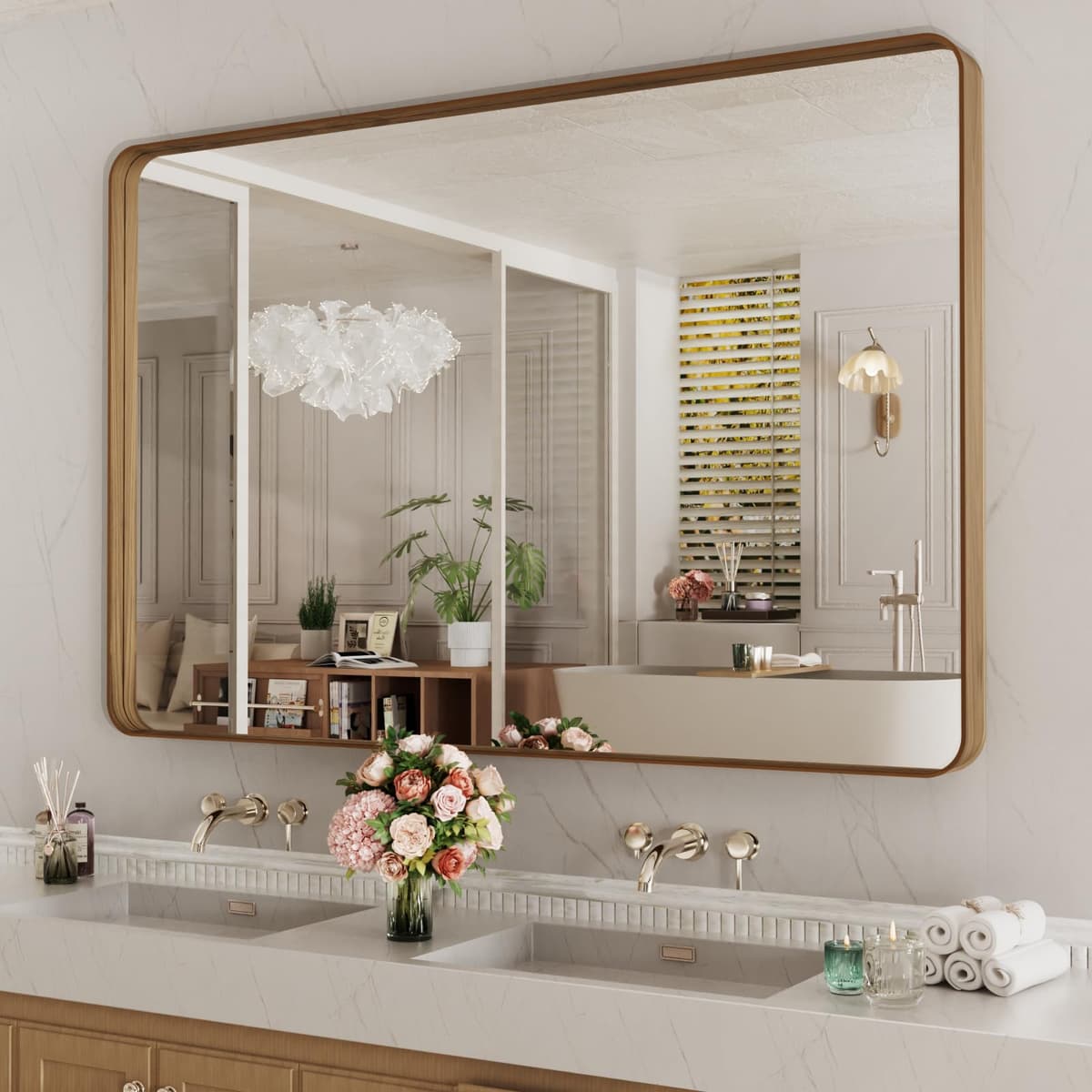 LOAAO 48”X36” Gold Bathroom Mirror, Rounded Rectangle Gold Frame Mirror, Brushed Gold Bathroom Vanity Mirror Wall-Mounted, Anti-Rust, Tempered Glass, Hangs Horizontally or Vertically — view 32