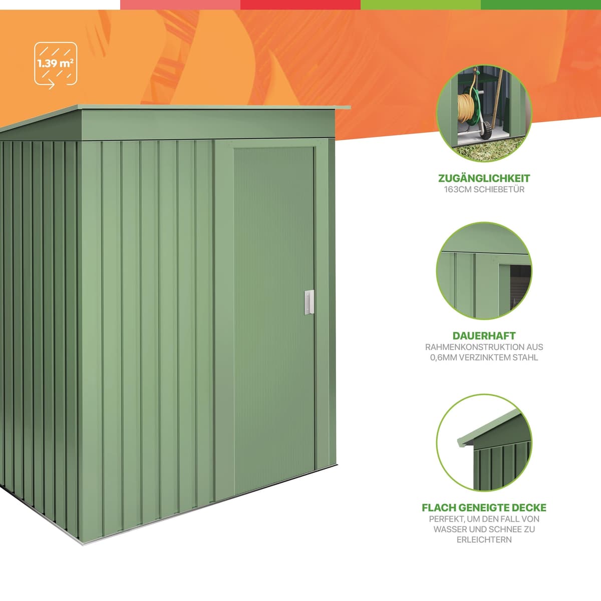 Wasabi - Armario Exterior Terraza 1,39m2 Neat Verde - Puerta Corredera - Techo Inclinado - 162x86x181cm - Caseta Jardín Resistente - Cobertizo Almacenamiento — view 2