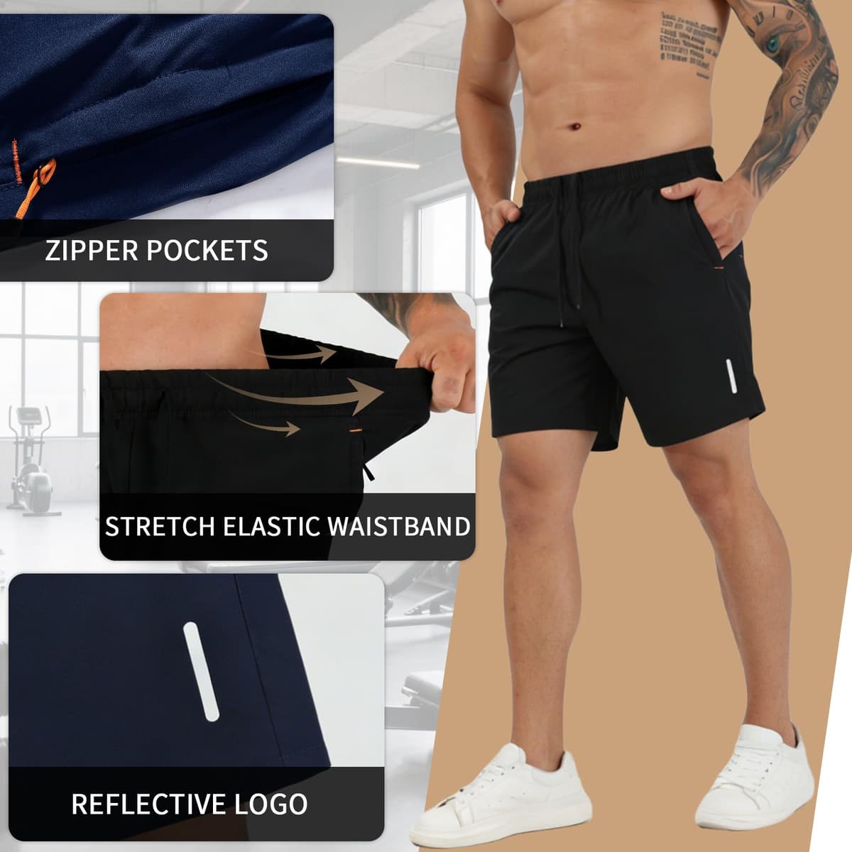 SHAGGA Paquete de 3 pantalones cortos de gimnasio para hombre, ligeros, de secado rápido, entrepierna corta, 7 con bolsillos con cremallera para correr, fitness y joggers — view 3