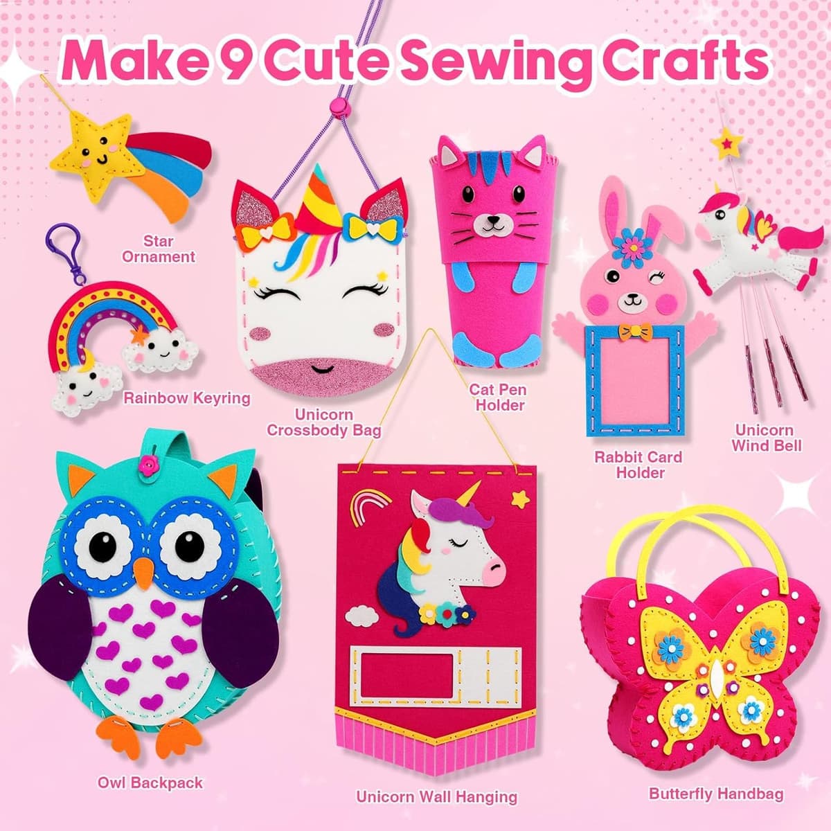 Sunrad Sewing Kit for Kids Toys for Ages 6-12 Girls, 9 Easy DIY Projects of Animal Felt Craft with Unicorn,Owl,Arts & Crafts for Beginner Gift for Girls Aged 6+ Suitable for Learning Sewing — view 4