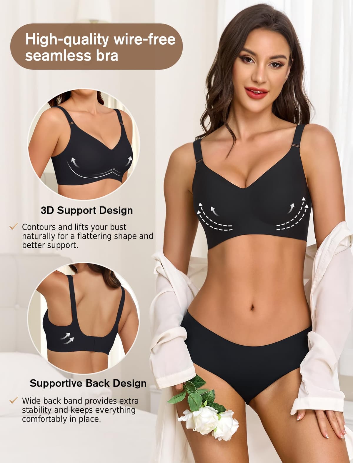 Sujetador sin Aros Mujer, Sujetador Reductor Push Up con Relleno Cómodo Sujetadores Mujer sin Aro Sostenes de Mujer Talla Grande Sujetador Invisible Diario Bralette sin Costuras — view 4