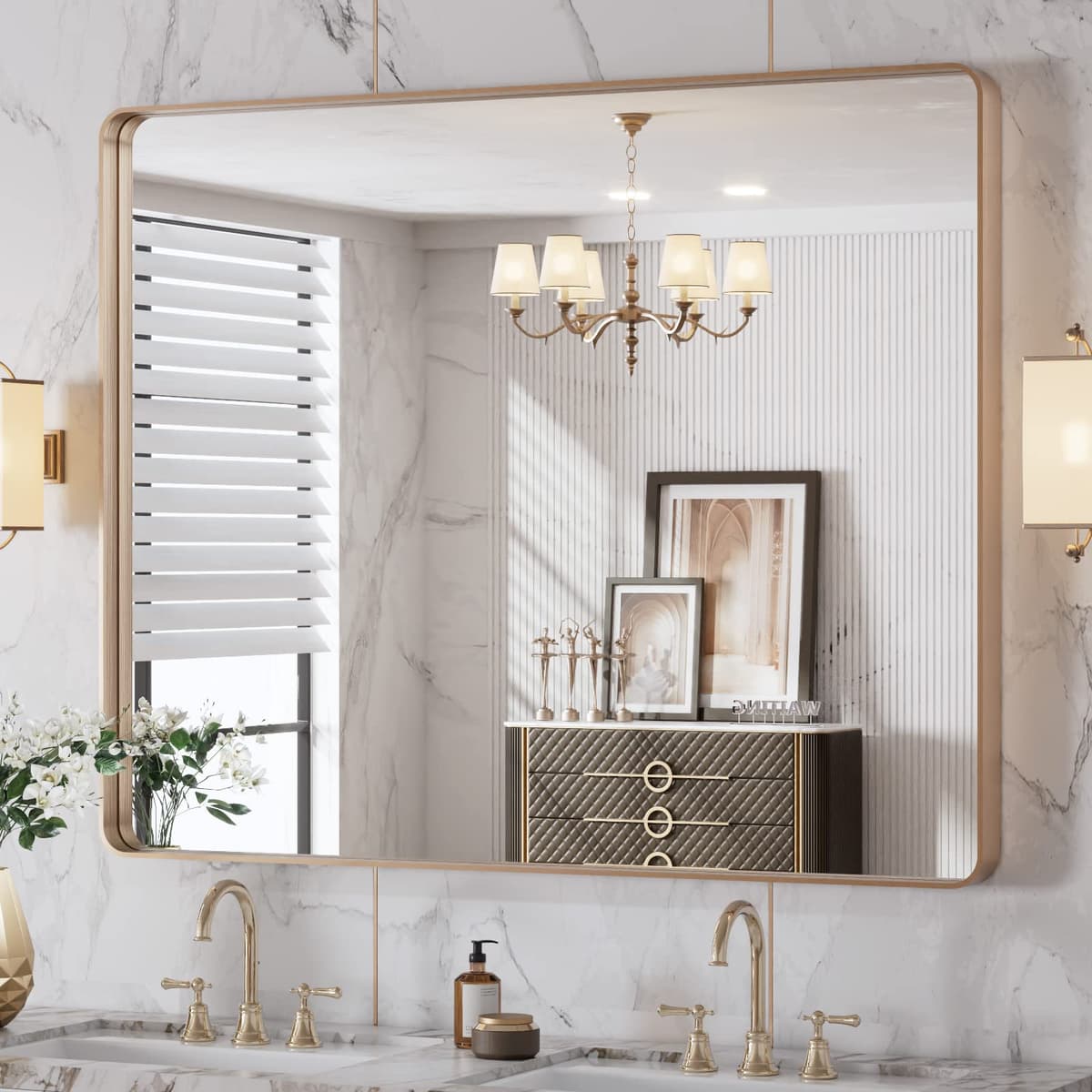 LOAAO 48”X36” Gold Bathroom Mirror, Rounded Rectangle Gold Frame Mirror, Brushed Gold Bathroom Vanity Mirror Wall-Mounted, Anti-Rust, Tempered Glass, Hangs Horizontally or Vertically — view 81