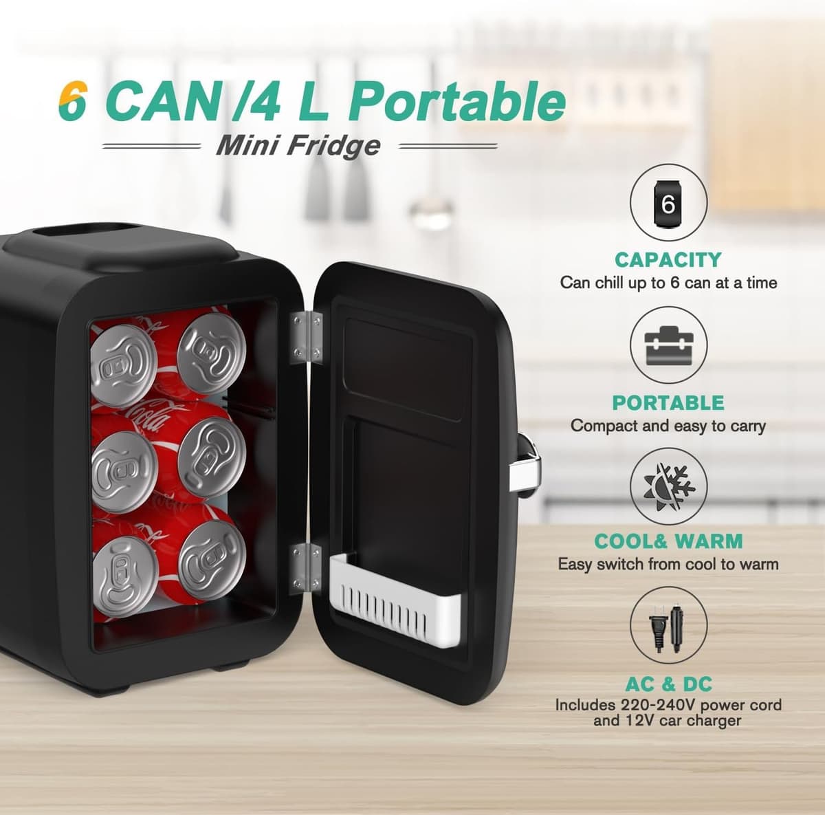 CROWNFUL Mini Fridge, 4 Liter 6 Can Portable Cooler and Warmer, Personal Fridge for Skin Care, Cosmetics, Food, Great for Bedroom, Office, Car, Dorm, ETL Listed (Black) — view 3