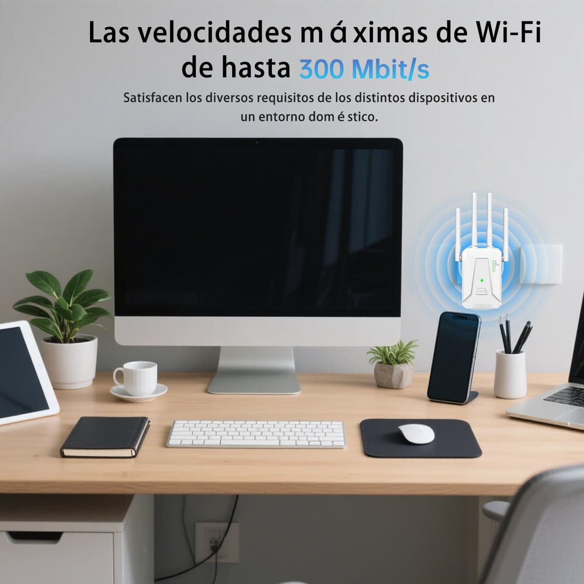 Repetidor WiFi Largo Alcance, Amplificador Señal WiFi 2.4 GHz con 4 Antenas, Extender con Puerto Ethernet 300 Mbps, Compatible con Todos los Routers, Botón Repetidor/Router/Ap (Blanco) — view 5