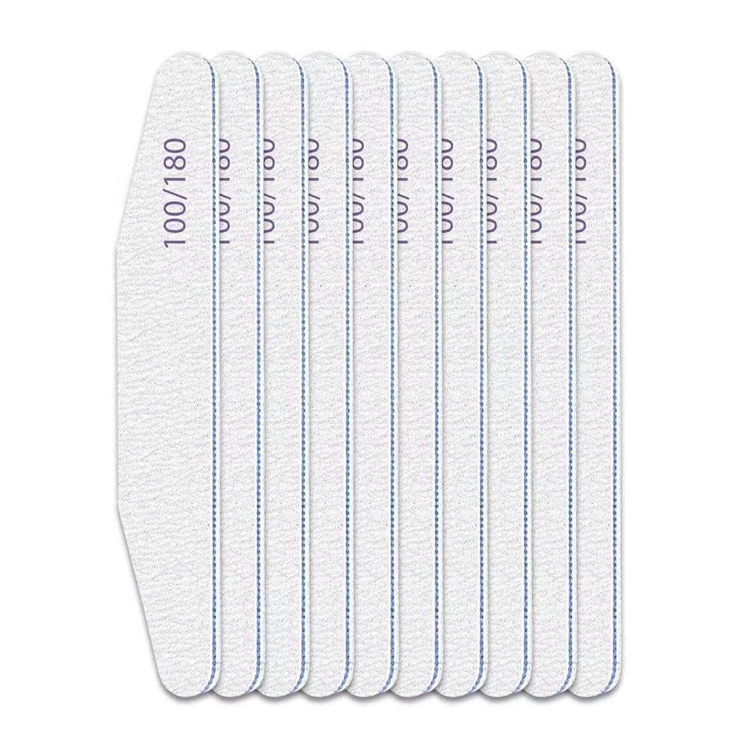 elzle 10 PCS Professional Nail Files Set, 100/180 Grit Double-Sided Washable Emery Board Nail File, Manicure Pedicure Pet Grooming Tools for Home and Salon Use, Half-Moon (White)
