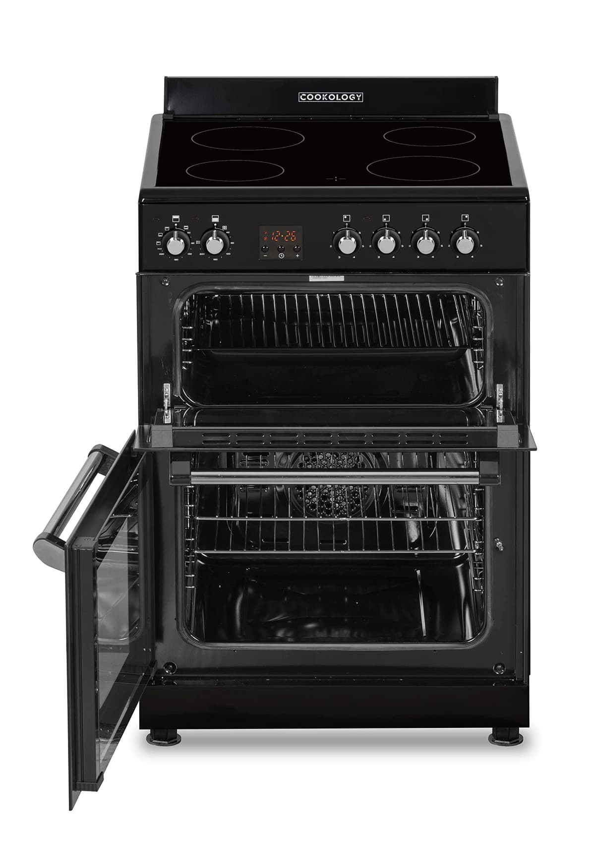 Cookology RETDO600BK Freestanding 60cm Wide, Retro Double Cavity Grill Oven Cooker with Ceramic 4 Zone Hob and Analogue Dials - in Black — view 4