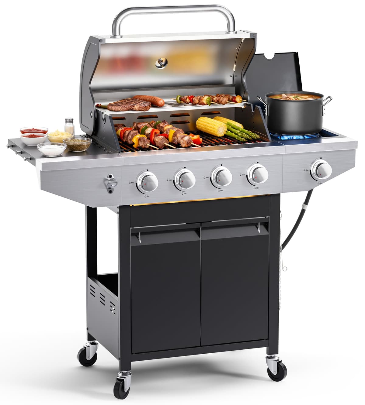 EUHOME 40,500 BTU 3-Burner Propane Gas Grill with Side Burner,Stainless Steel Outdoor BBQ Grill Portable with Wheels and Cast Iron Grates for Patio Garden Barbecue Cooking — view 9