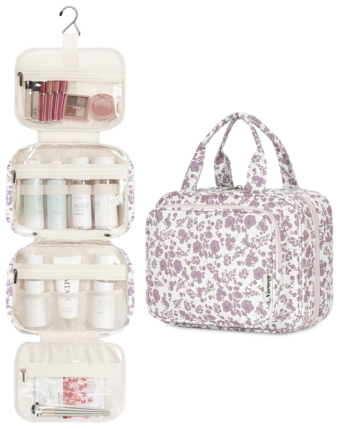 Narwey Hanging Travel Toiletry Bag for Women Wash Bag Cosmetics Makeup Bag Organizer for Travel Size Accessories (Little Dusty Pink Flower (Medium)) — view 2