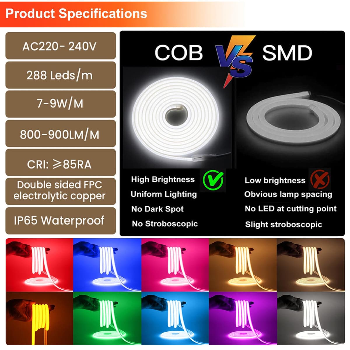 Flexible COB Neon Light Strip, 220V LED Strip 288 LEDs/m, Cut to 50cm, IP65 Waterproof Modified Silica Gel Rope Light with UK Plug Power Supply (0.5m, Warm White) — view 5