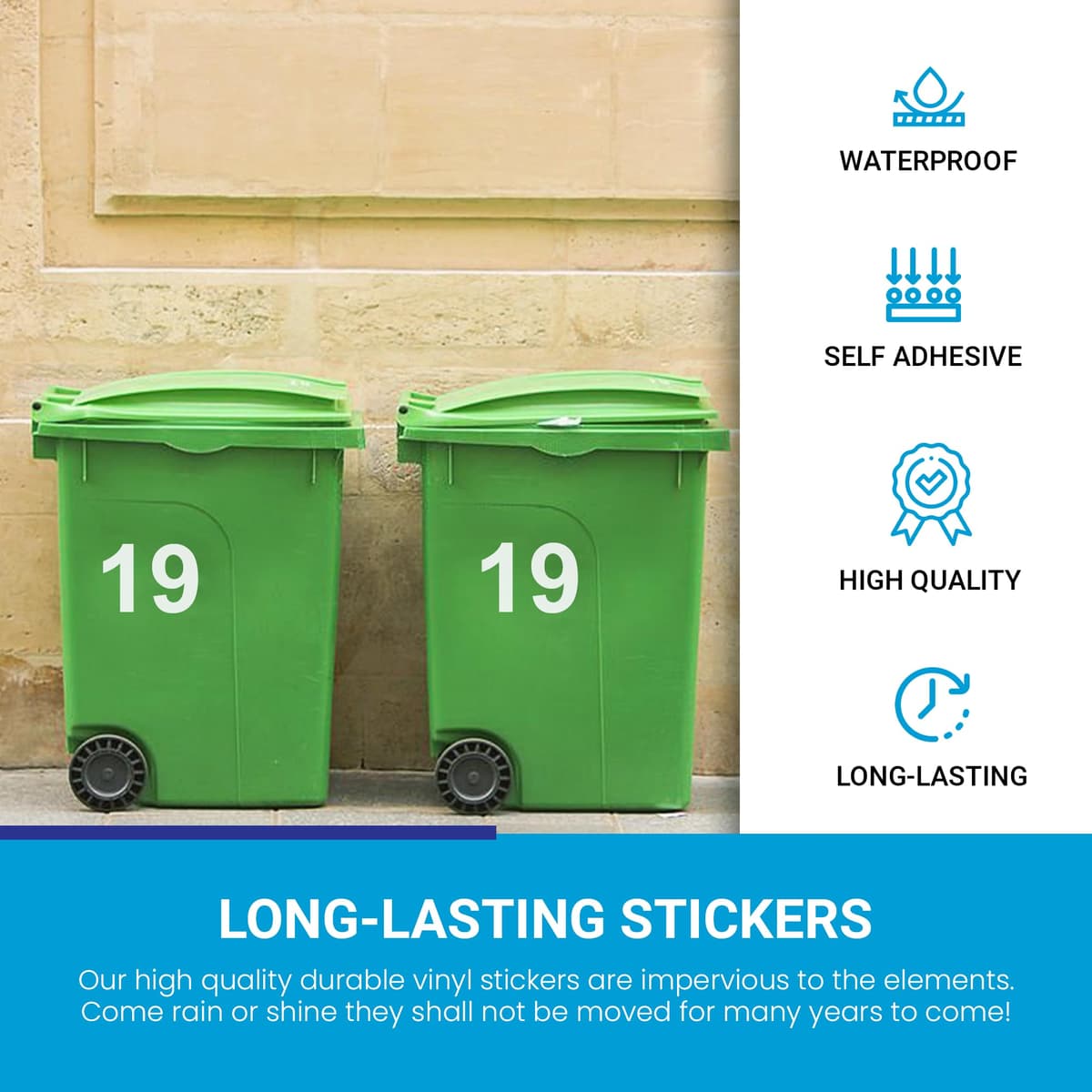 4 x Bin Numbers for Wheelie Bins, 0-99, Letters A-D, 17.5cm Dustbin Stickers, Easy Application Stick On Number Stickers - Weatherproof Self Adhesive Vinyl (0) — view 7