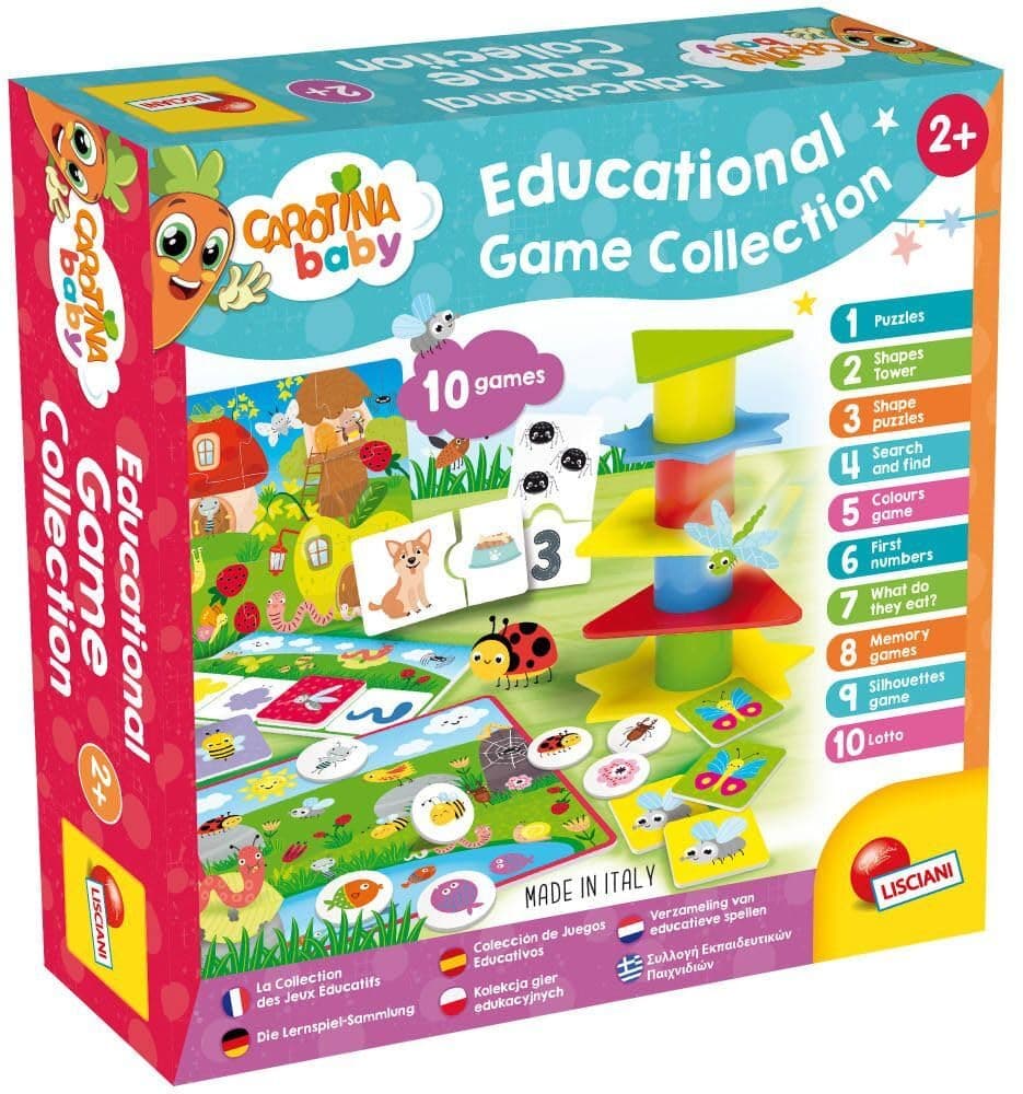 Lisciani - CAROTINA BABY - Collection of 10 Educational Games for Children from 2 to 4 Years - Balance Tower, Puzzle, Memory, Colours, Tombola and much more - Complete Game Kit