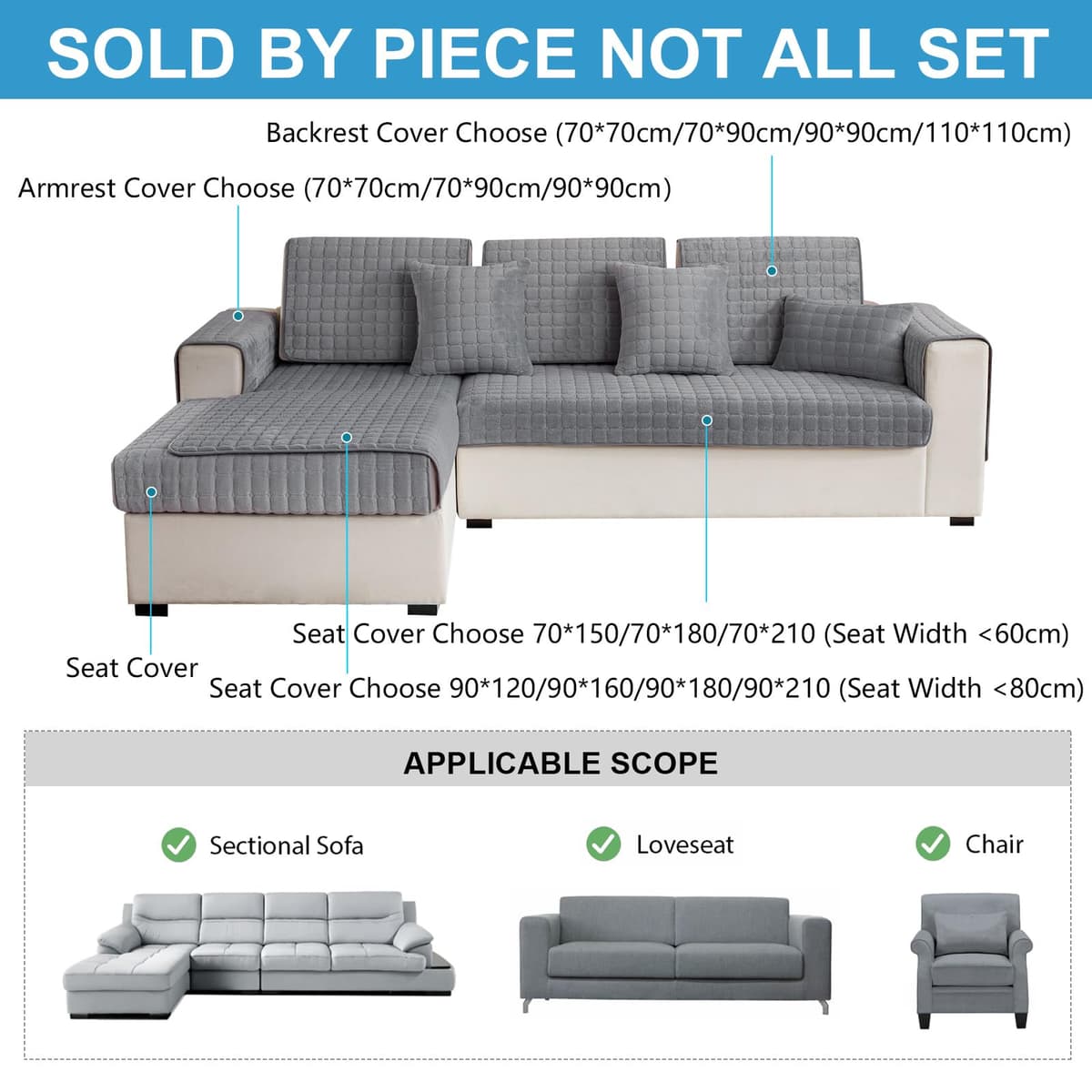 GKXLH Soft Flannel Sofa Covers Washable - New Sofa Cushion Covers, Non-Slip Sofa Cover 1 2 3 Seater Couch Covers for Sectional Sofa, Sofa Slipcovers L Shape Furniture Protector (Grey, 90x160cm) — view 3