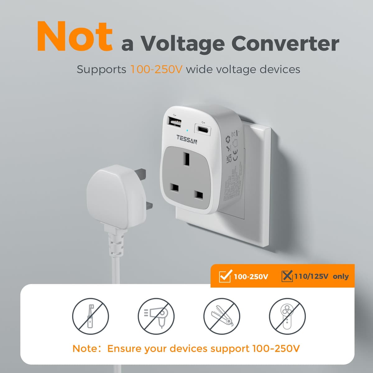 UK to Italy Plug Adapter, TESSAN Grounded Italy Plug Adapter with 2 USB Ports (1 USB C), Italian Travel Adaptor for Chile Ethiopia Libya Syria Tunisia Uruguay (Type L) — view 6