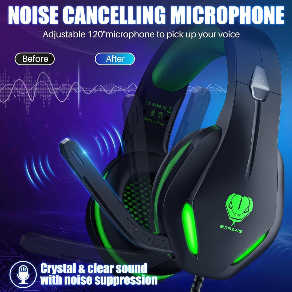 Gaming Headset with Microphone for Xbox PS5 PS4 PC - 3.5mm Jack Wired Headphones with Noise Cancelling Mic & LED - 50mm Audio Drivers & Soft Earpads Black Green — view 2