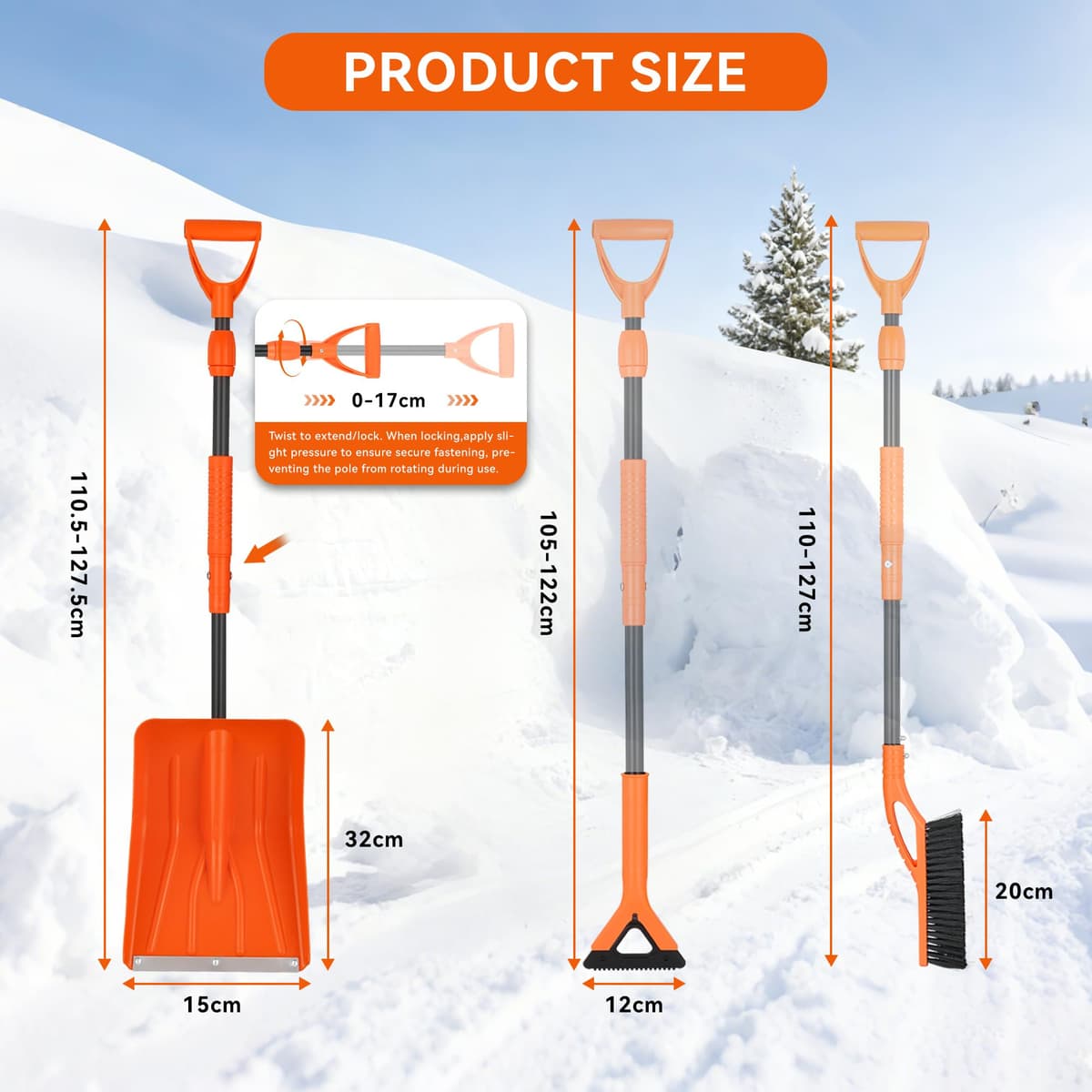 Kit de pala de nieve plegable 3 en 1, con cepillo de nieve y raspador de hielo, rascador de nieve de 127 cm con varilla telescópica, ideal para limpiar la nieve de calzadas, pavimentos, techos de — view 3