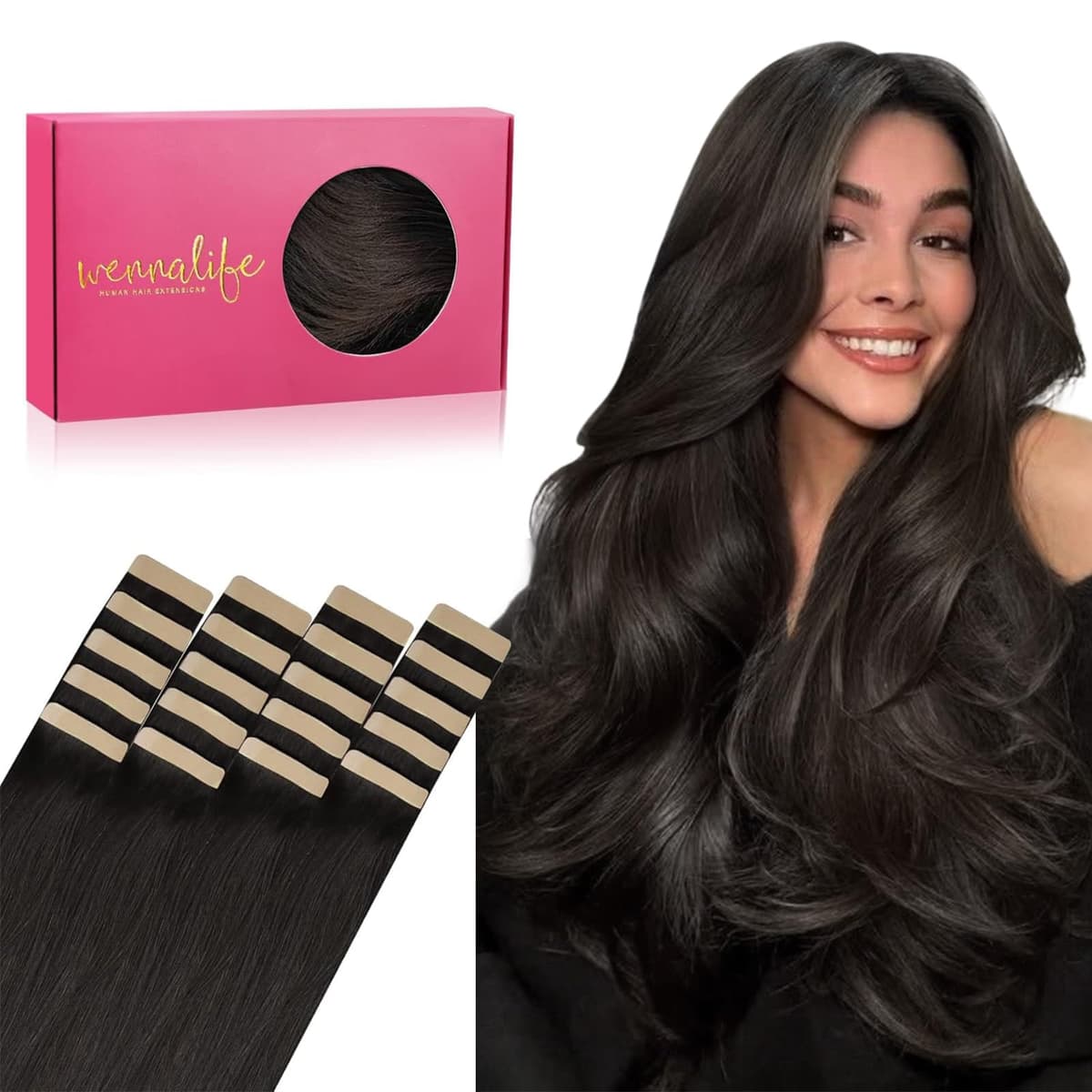 WENNALIFE Tape in Hair Extensions, 20pcs 22 Inch 50g Dark Brown Remy Human Hair, Real Tape Extensions Coloured