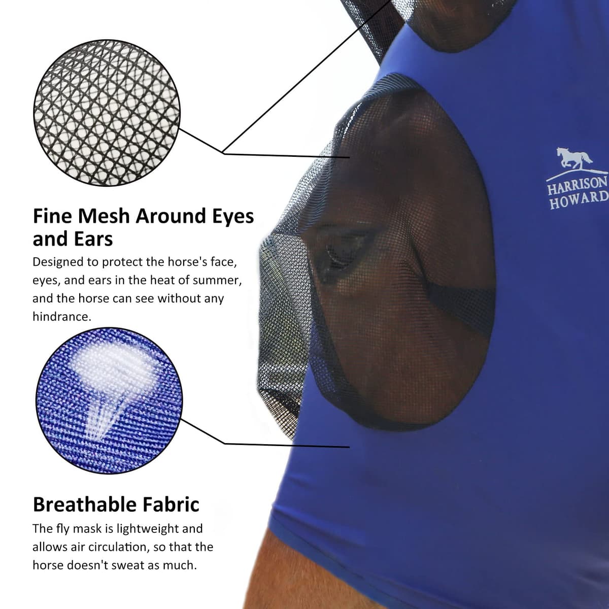 Harrison Howard Máscara elástica para Moscas de Caballo, excelente Comodidad con protección UV, máscara estándar para Caballos, Azul Marino M — view 2