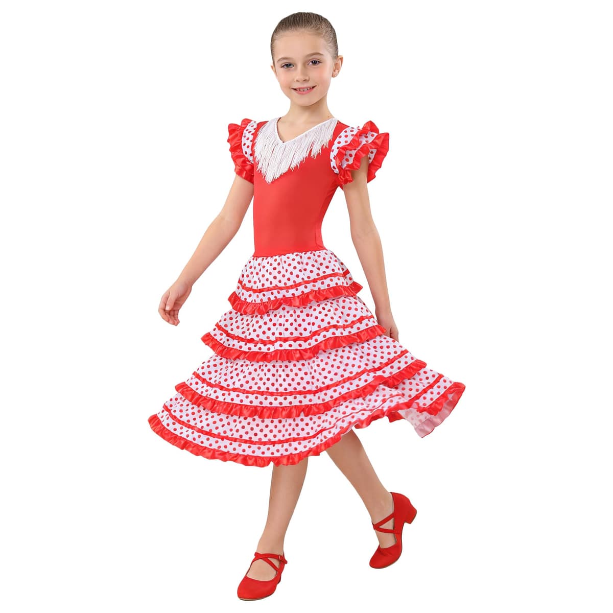 Wildarms Disfraz de Sevillana Niña - Vestido Flamenca Infantil con Volantes y Lunares - Traje Tradicional Andaluz para Feria, Carnaval y Baile — view 3