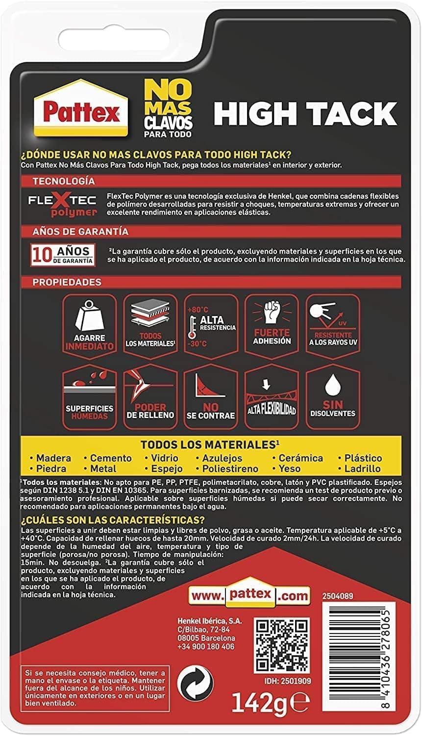 Pattex No Más Clavos Para Todo HighTack, adhesivo de montaje resistente a temperaturas extremas, pegamento fuerte en superficies húmedas, adhesivo blanco, 1 tubo x 142 g — view 2
