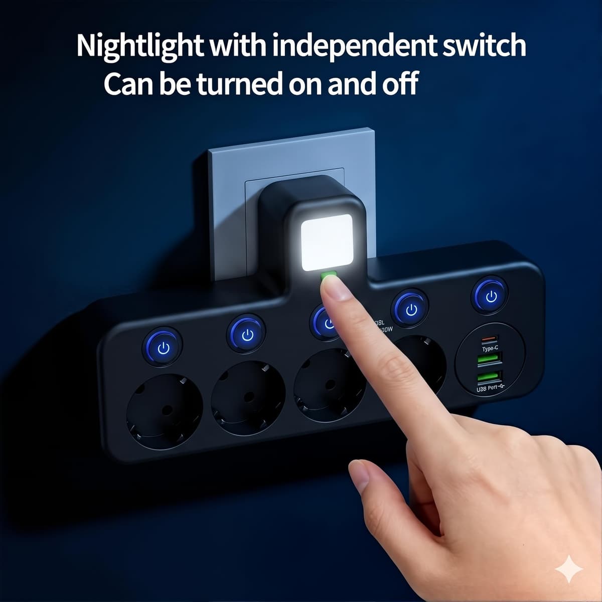 Regleta de Enchufe de Pared con 4 Tomas Europeas, Adaptador con USB C y 2 USB A, Ladrón de Enchufe con Interruptores Independientes para Hogar y Oficina (Negro) (Negro) — view 3