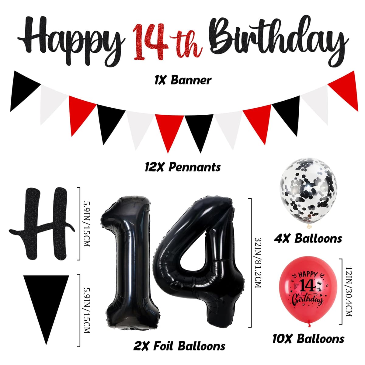 14th Birthday Decorations for Boys Girls - Black Red Glitter Happy 14th Birthday Letter Banner and Pennant Flags, Number 14 Foil Balloons and Hanging Swirls for 14 Years Old Children Party Supplies — view 2