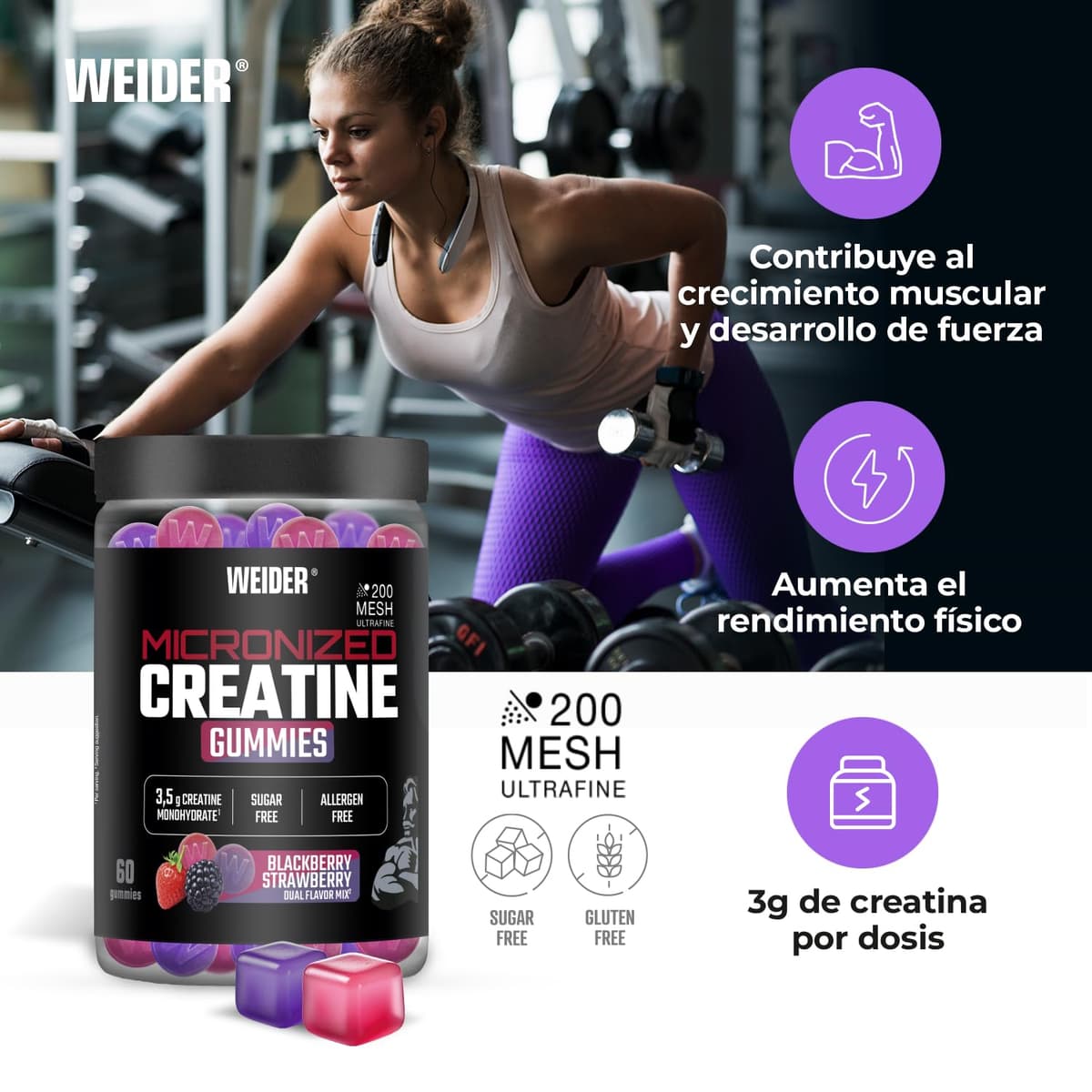 Weider Micronized Creatine Gummies (60 gominolas) Sabor DUO Fresa-Mora, con 3,5g creatina monohidrato 200 MESH/porción, Certificado por laboratorio Europeo, ayuda al rendimiento físico (20 porciones) — view 2