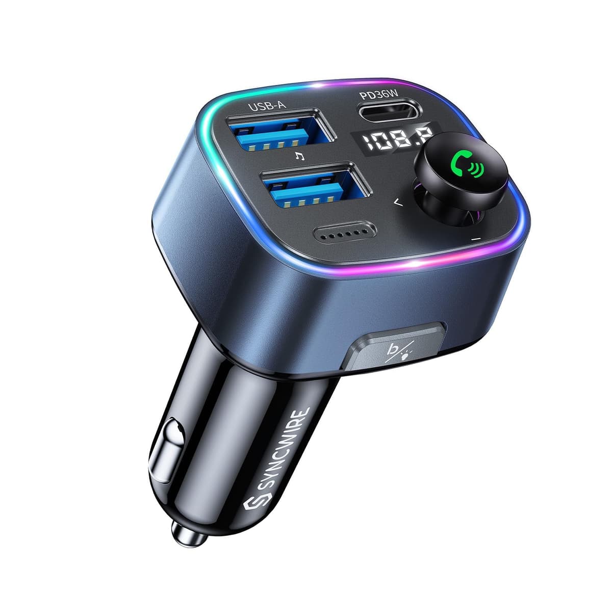 Syncwire Bluetooth 5.4 FM Transmitter Car Adapter 48W (PD 36W & 12W) [Light Switch] [HiFi Bass Sound] [Fast Charging] Wireless Radio Music Adapter LED Display Hands-Free Calling Support USB Drive — view 11