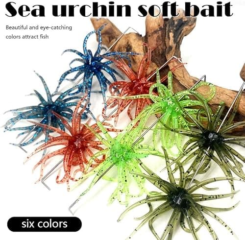 4Pcs Sea Urchin Soft Bait | Realistic Fuzzy Dice Fishing Lure for Bass & Perch | Floating TPR Swimbait with Reflective Stars | 6 Colors Artificial Worm Bait for Saltwater & Freshwater (Style B) — view 4