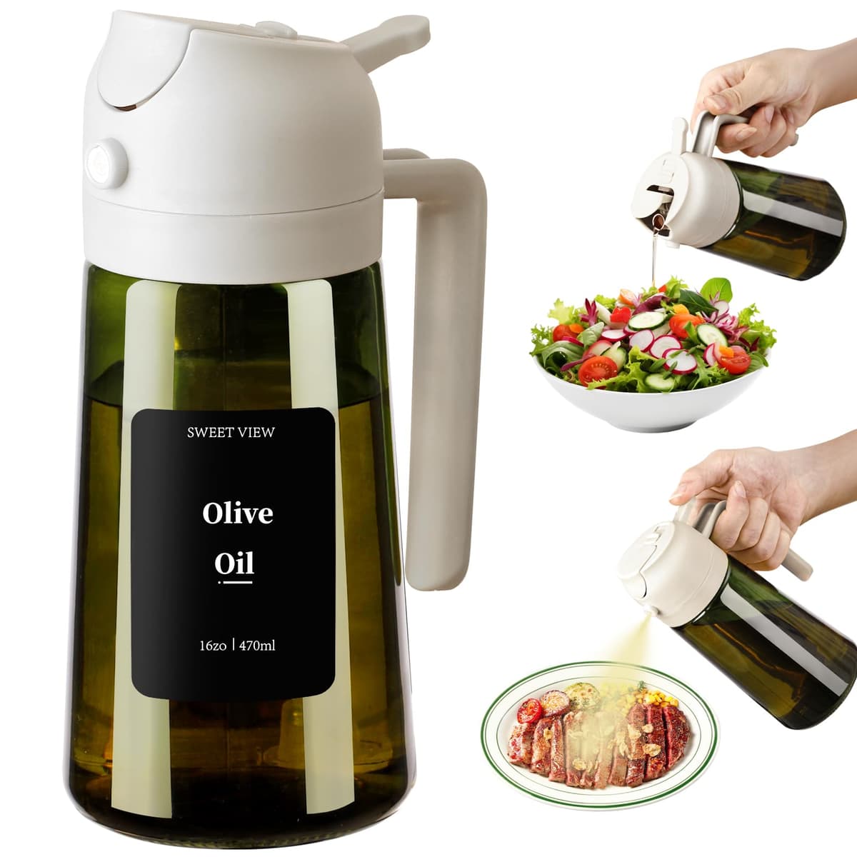 SWEET VIEW Dispensador de aceite de oliva y pulverizador de aceite, vertedor de aceite de vidrio a prueba de luz de 470 ml para cocina, freidora de aire, cocina, ensalada y barbacoa — view 13
