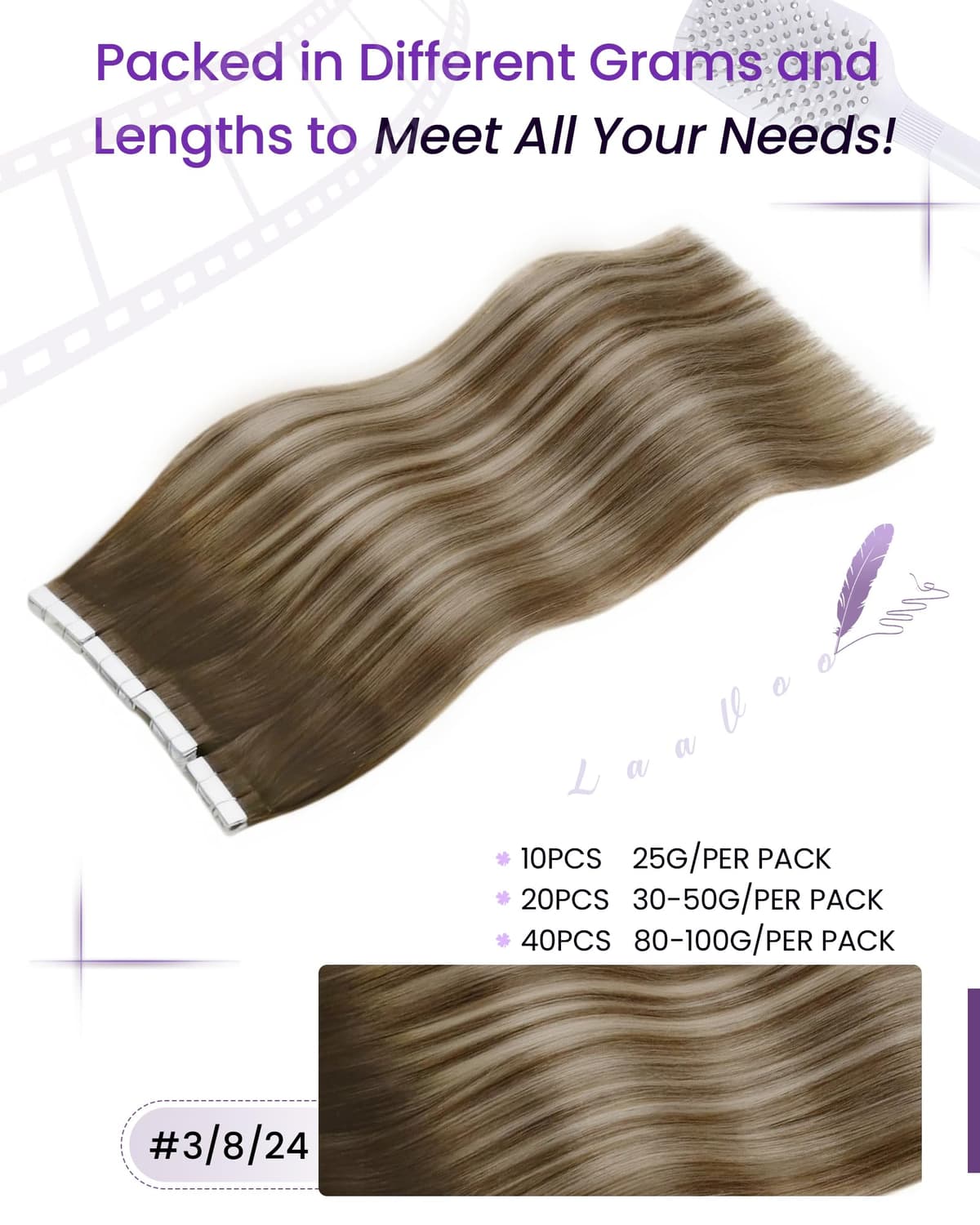 LaaVoo Tape in Hair Extensions Human Hair Blonde Tape Hair Extensions Real Human Hair Invisible Tapes Remy Straight Balayage Brown to Blonde Hair Double Sided Tabs 20pcs 50g 16 Inch #8/18/60 — view 14