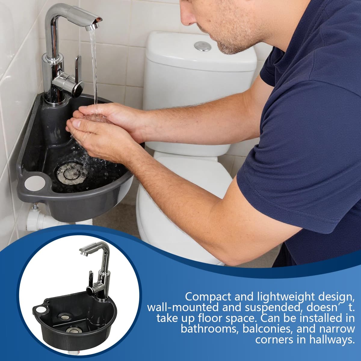 Lavabo de Pared de Plástico con Grifo Mezclador, Kit Completo con Tubo de Desagüe y Mangueras Lavamanos Compacto para Baño Jardín y Camping (Gris) — view 2