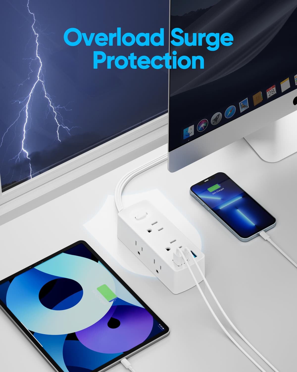Short Extension Cord 1ft - Olcorife Flat Plug Power Strip with 6 Outlets 3 USB Ports(1 USB C), Small Outlet Extender for Travel Dorm Room Essentials, White — view 4
