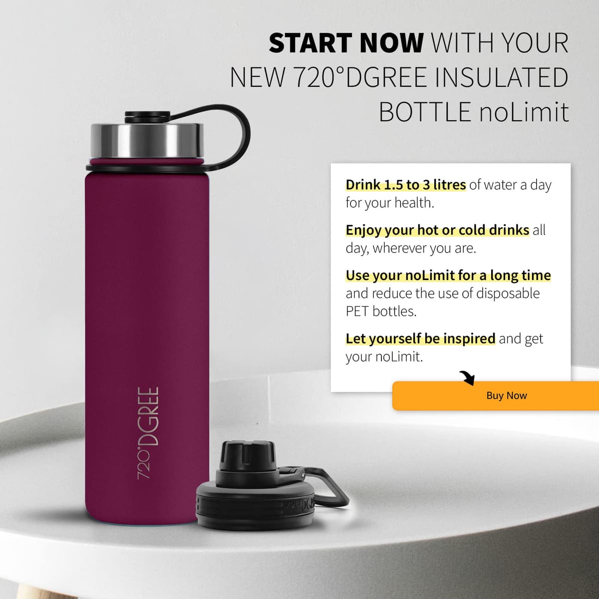 720°DGREE Botella Agua Termo Acero Inoxidable “noLimit“ – 410ml, 530ml, 710ml, 950ml, 1200ml - Sin BPA Free, Antigoteo y Prueba de Fugas - Frasco térmico, Cantimplora Aislada +Cubierta Deportes Gratis — view 6