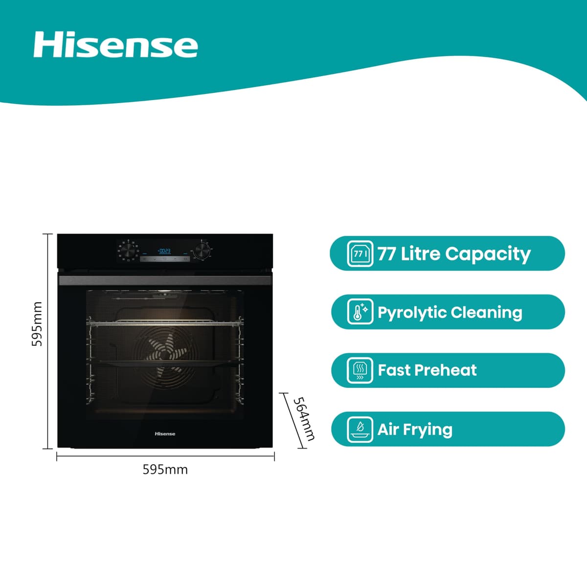 Hisense BI64211PB 77 Litre Built In Electric Single Oven With Pyrolytic Cleaning, Pizza Mode, Multiphase Cooking- Black 22x23x23 inches (LxWxH) - A+ Rated, Extra Large — view 2