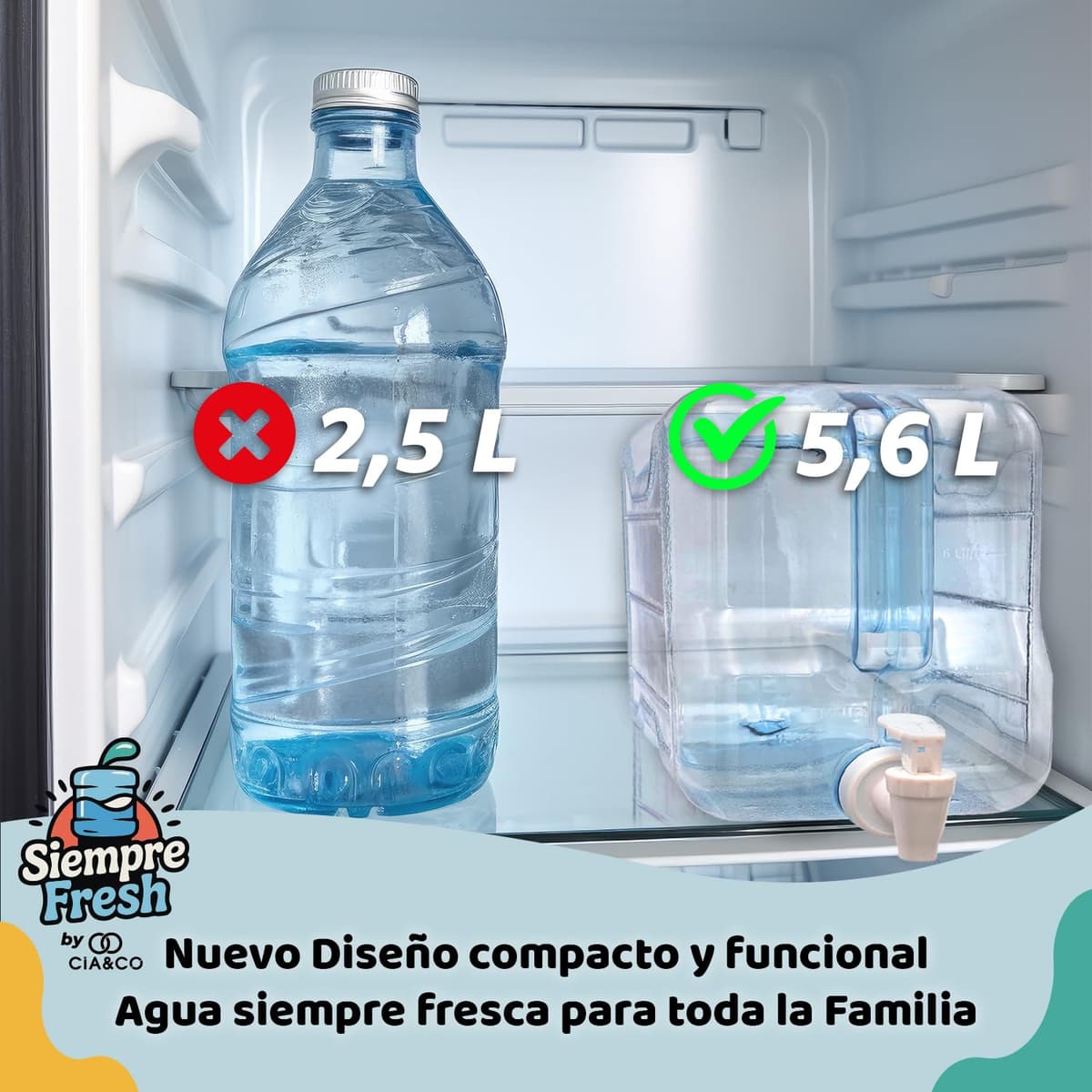 Dispensador de Agua Fría para Nevera 5,6 L by Cia&Co | Garrafa compacta 33,5x21x12,5 con Asa Ergonómica, Grifo de Doble Función y Tapón - Reutilizable y Duradera, Bebidas Frías en Casa, Playa, Camping — view 3