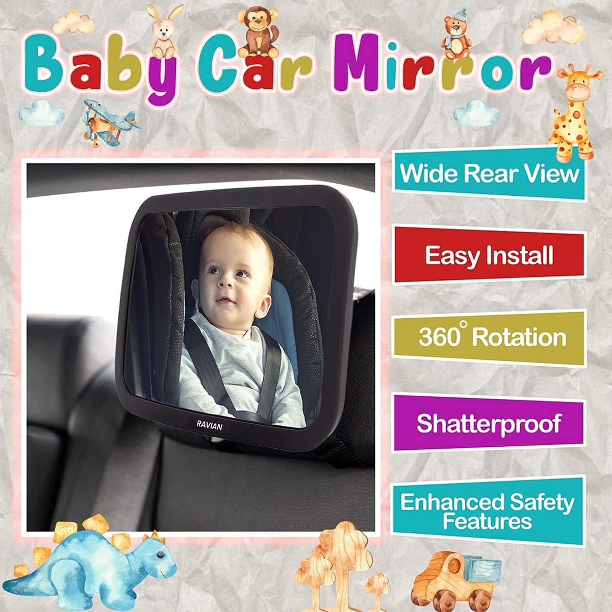 Baby Car Mirror for Back Seat Safest Newborn Essentials with Rear View, Shatterproof, Adjustable to See Rear Facing for Infants, Kids and Pets — view 3
