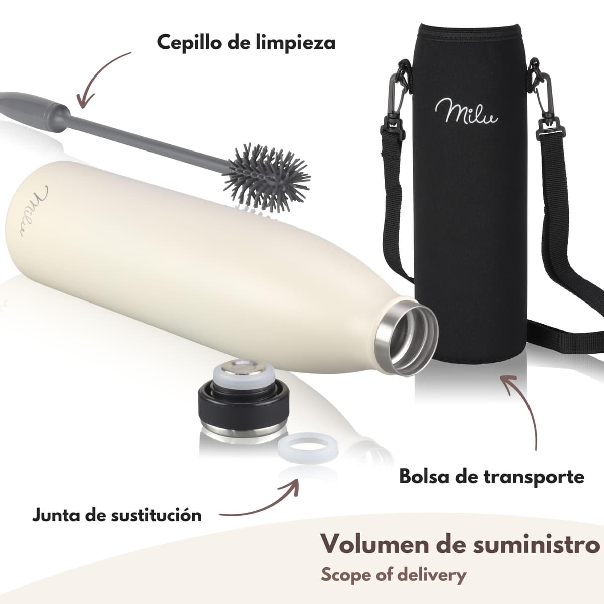 Milu Botella de acero inoxidable de 350ml 500ml 750 ml 1 L 1,5 L botella de agua aislada, termo a prueba de fugas, doble pared, apta para ácido carbónico + cepillo de limpieza (Azul Violeta, 350ml) — view 147