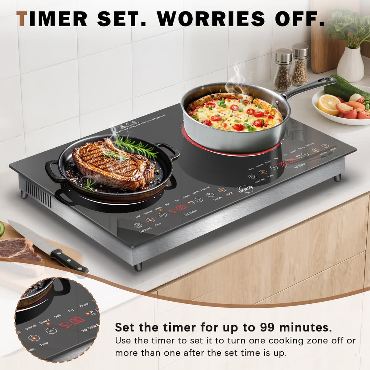 Hobsir Plug in 2 Zone Ceramic Hob, 2 Ring Electric Hob 60cm Countertop&Built-in Cooktops with 9 Power Levels, Timer, Safety Lock & Sensor Touch Control, 3200W, 220-240V — view 5