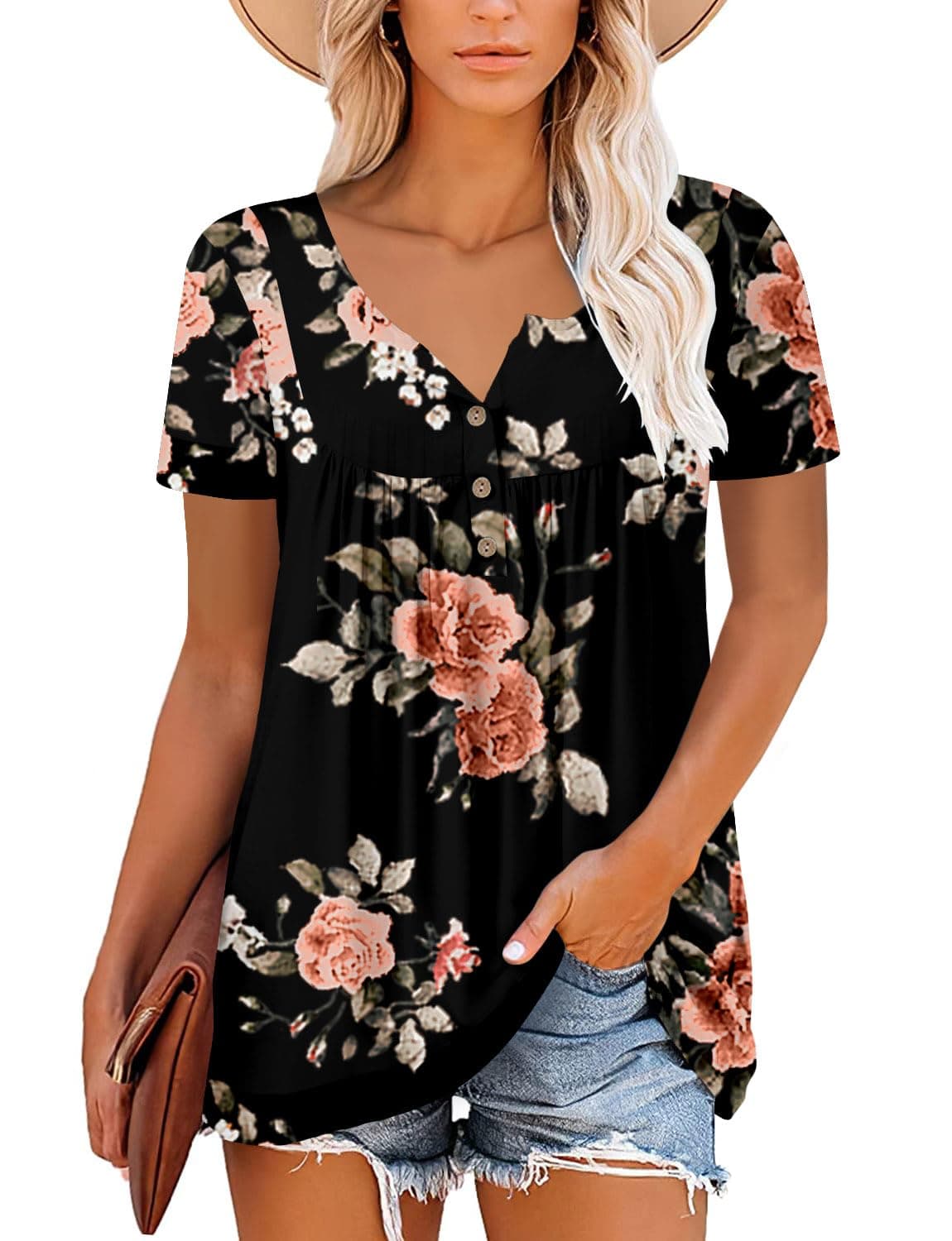 KISSMODA Ladies Pleated Tunic Tops for Women Buttons up Long Sleeve Shirts Floral Print — view 2