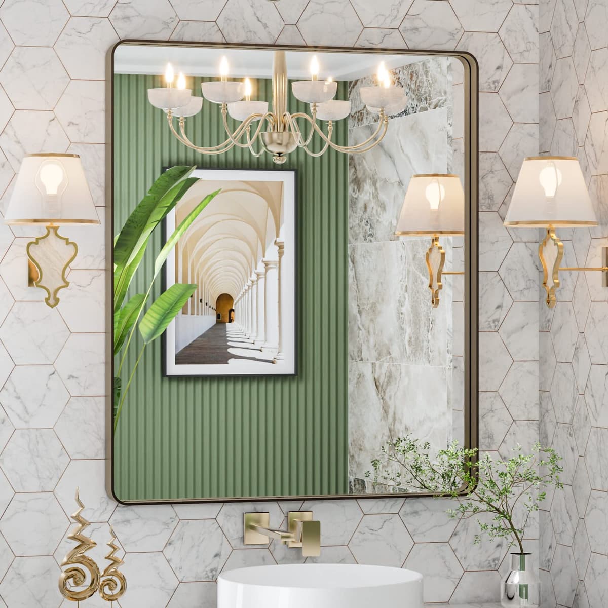 LOAAO 48”X36” Gold Bathroom Mirror, Rounded Rectangle Gold Frame Mirror, Brushed Gold Bathroom Vanity Mirror Wall-Mounted, Anti-Rust, Tempered Glass, Hangs Horizontally or Vertically — view 95
